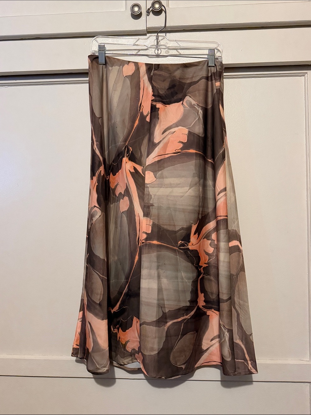Banana Republic Marble-Print A-Line Midi Skirt in Peach and Brown